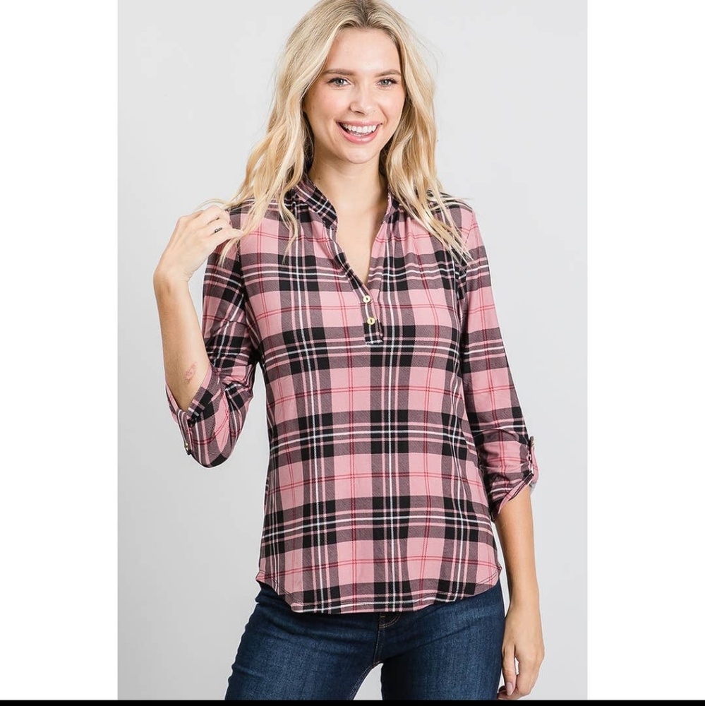 3/4 Length Sleeve Plaid Top